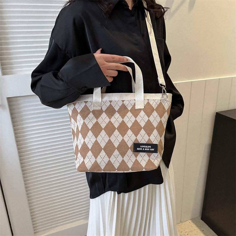 New Large-capacity Rhombus Tote Large Bag Large-capacity Canvas Bag Versatile Casual Fashion Shoulder Handbag