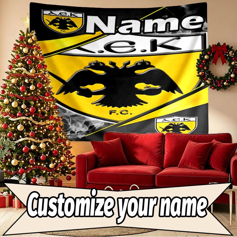 Benutzerdefinierter Name Personalisierte AEK Athen FC Druck Wandteppich, Wandkunst Dekor, Schlafzimmer, Studentenwohnheim, Wohnung, Wohnzimmer, Party-Hintergrund, Geschenk zum Geburtstag