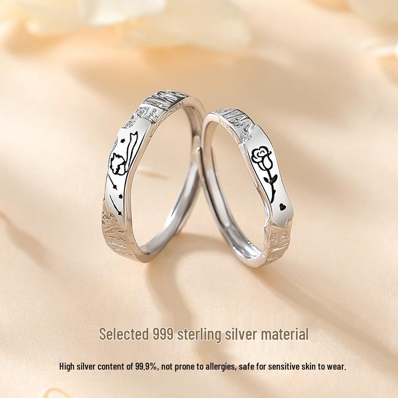 Kleiner Prinz & Rose Sterling Silber 999 Partnerringe - Koreanischer Stil, Hochwertige gehammerte Textur, Verstellbar.