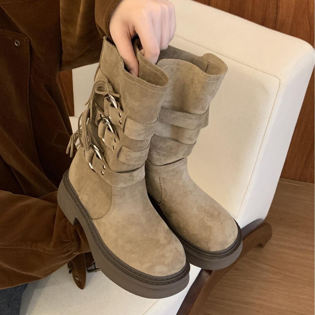 Leather Version Wasteland Wind Leather Desert Western Boots Women's New Stacking Boots Design Tall Boots Versatile Knight