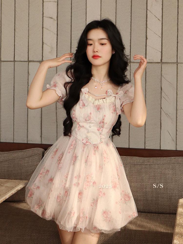 Floral Sweet Fairy Bodycon Dresses for Women Elegant Party Print French Female Korean Fashion Cute Mini Dress Summer 2024 Pink
