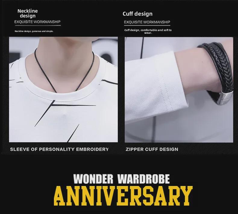 T-shirt à manches longues rayé à col rond et coupe slim pour homme, style coréen, pour l'automne