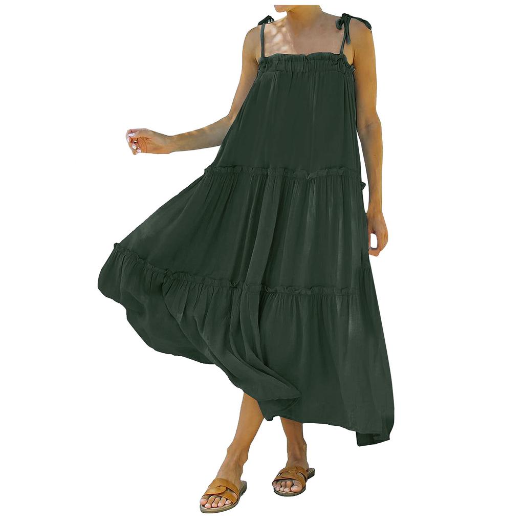 Damen-Kleid mit verstellbaren Spaghettiträgern, ärmellos, lässig, lockeres, plissiertes Sling-Strandkleid, langes Kleid
