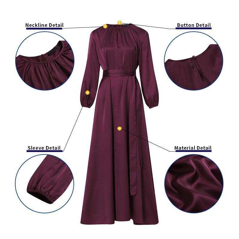 Women's Elegant Round Neck Lantern Sleeve Tie-Waist Slimming Robe Dress