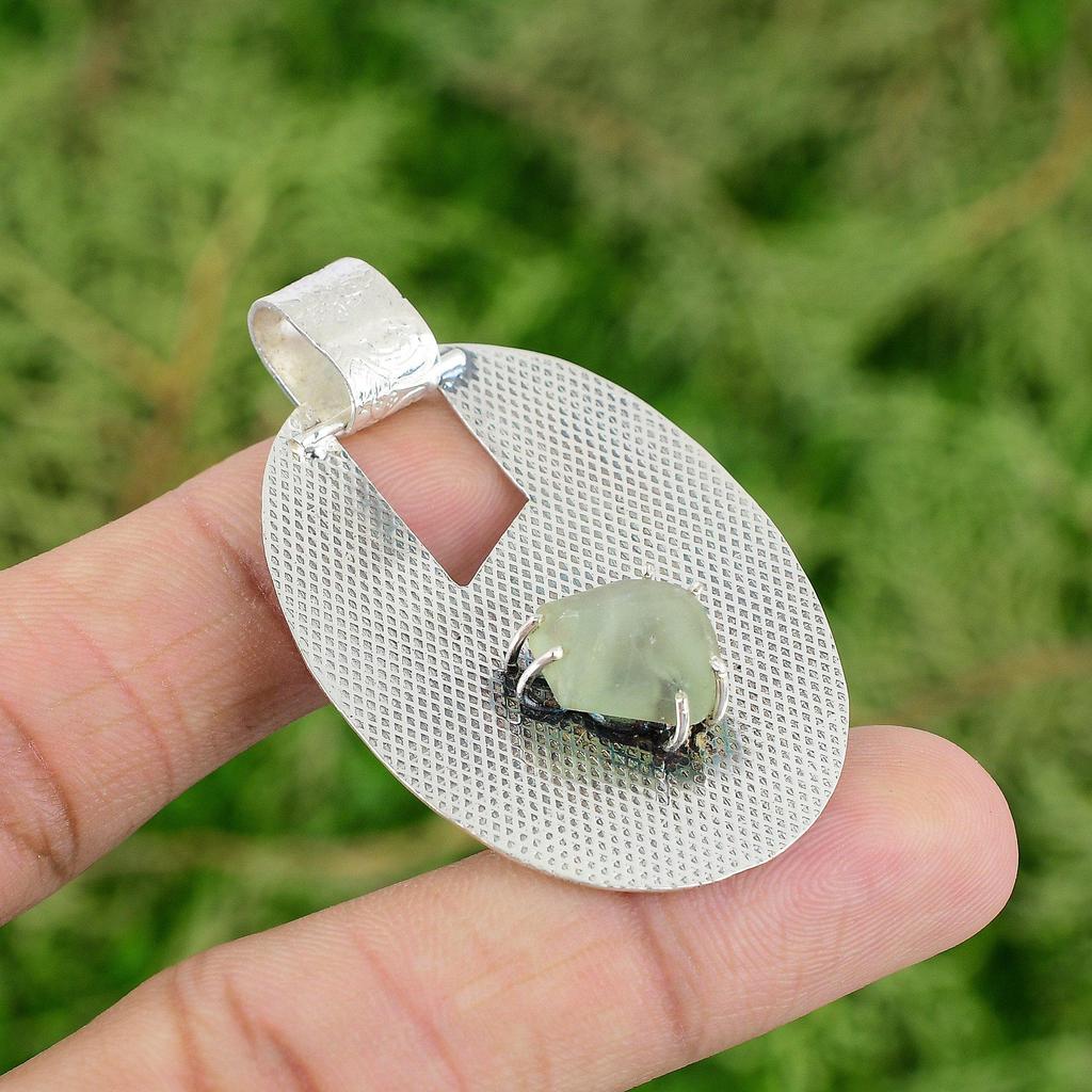 Octagon Prehnite Rough Stone Handmade Wedding Pendant Jewelry Sterling Silver