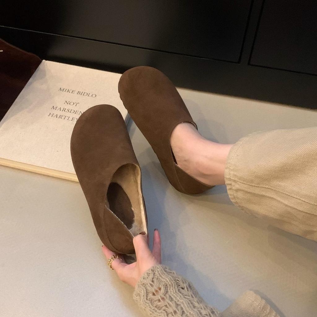 Soft leather version~ Boken shoes women's velvet Doudou shoes 2025 autumn and winter big head ugly cute shoes retro two wear lazy shoes