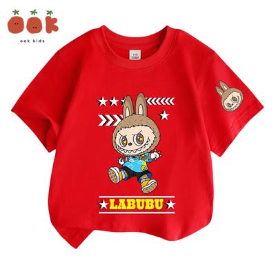 Labubu Pattern Children's T-shirt Fashionable and Versatile Round Neck Short Sleeved Cute Monster Girl Casual Top