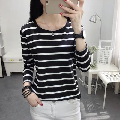 Women's Striped Round Neck Long-Sleeve Slim-Fit T-Shirt for Spring, Summer, and Autumn