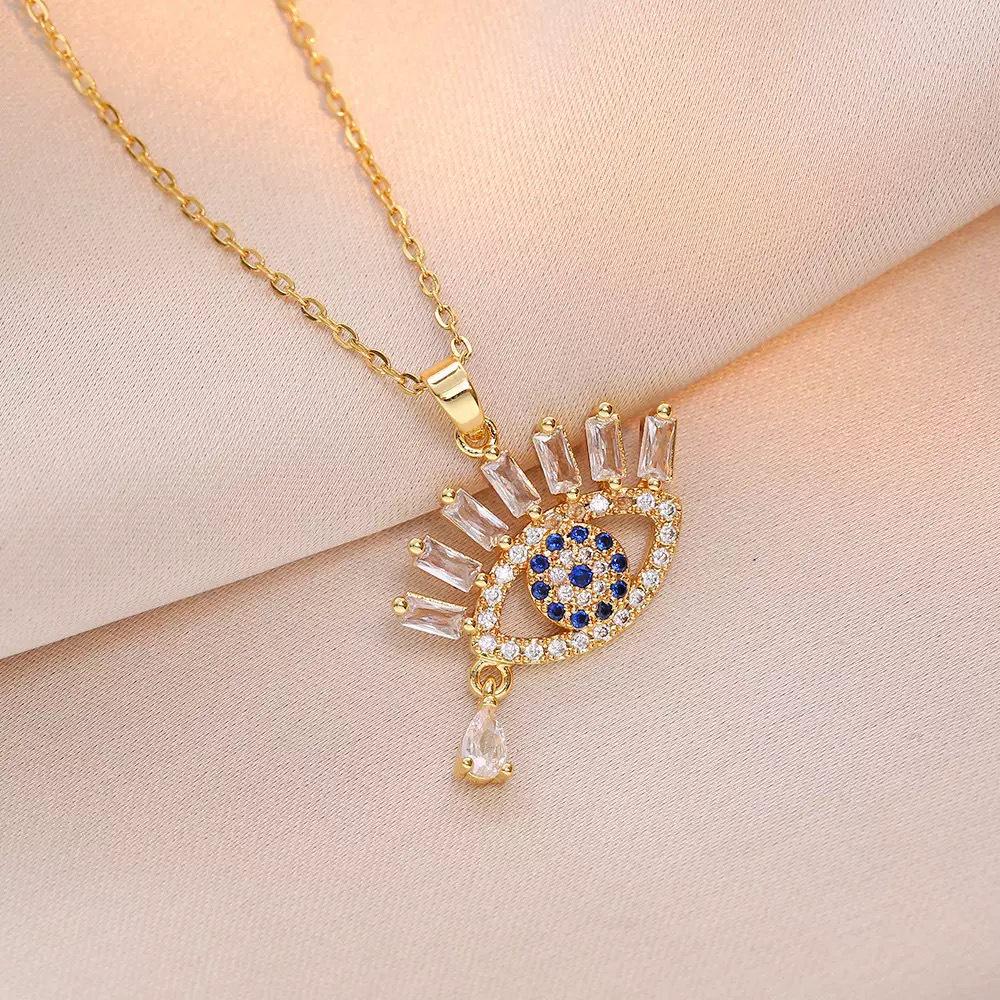 Cross Devil's Eye Necklace: Colorful Zirconia Pendant on Titanium Steel Clavicle Chain