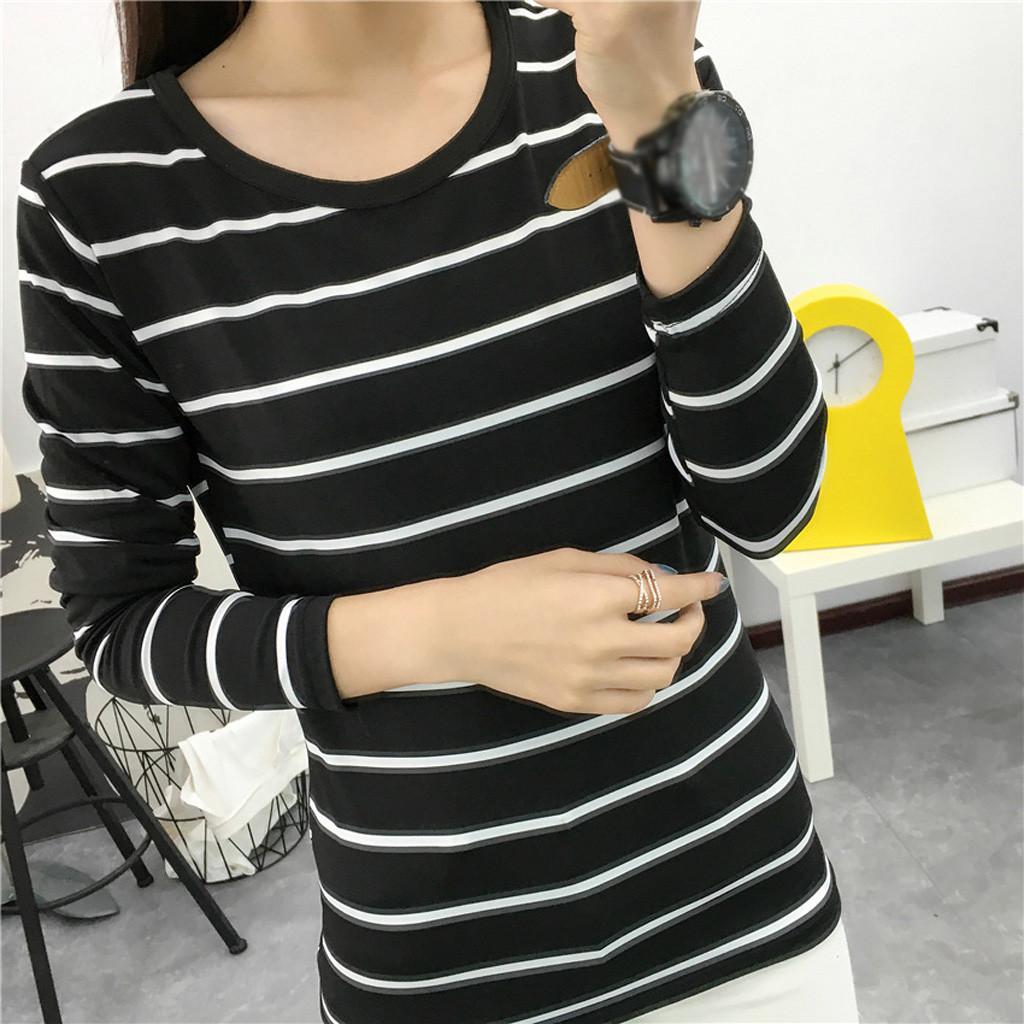 Women Korean Version Loose Stripe Long Sleeve  Bottoming Shirt Casual Tops