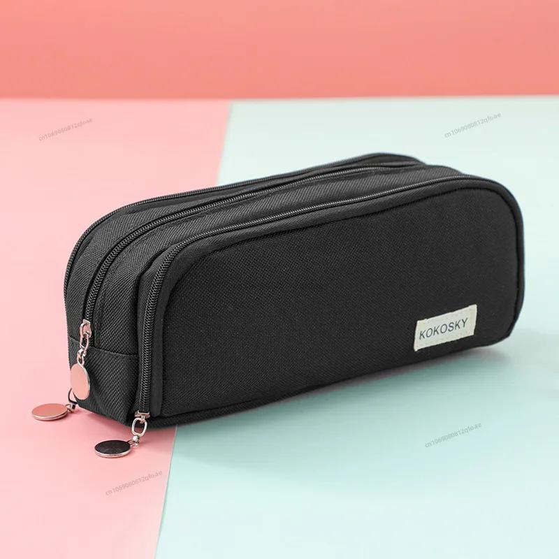 Estuche negro para lápices, gran espacio de almacenamiento, 2 compartimentos, bolsa de doble cara abierta, organizador de escritorio para estudiantes, útiles escolares