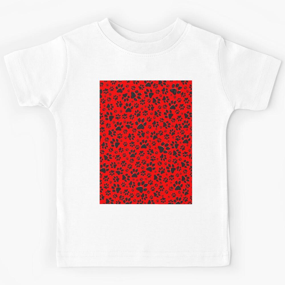 Dog Paws Black and White Polka Dot on red background. Kids T-Shirt 140
