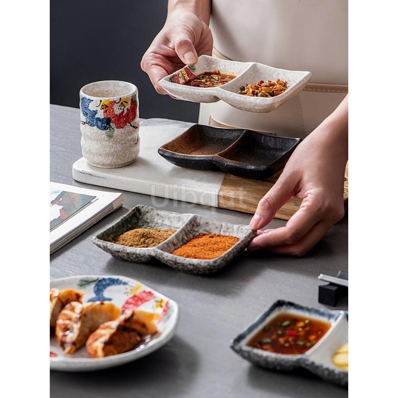 Ceramic Two 2 Grid Sushi Plate Sauce Dish Stable Non Slip Seasoning Plate for Sushi Condiment Dipping Ketchup Olive Oil Butter