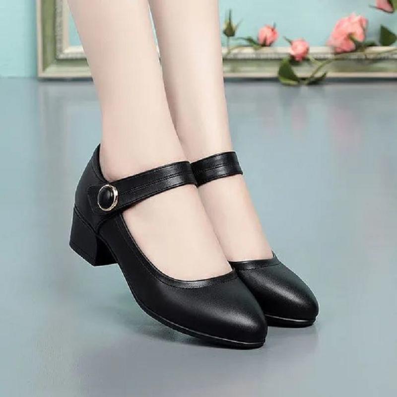 Női klasszikus kerek orrú, kiváló minőségű fekete PU bőr magassarkú cipő, női alkalmi, édes, irodai, őszi, magas sarkú cipő a6661y