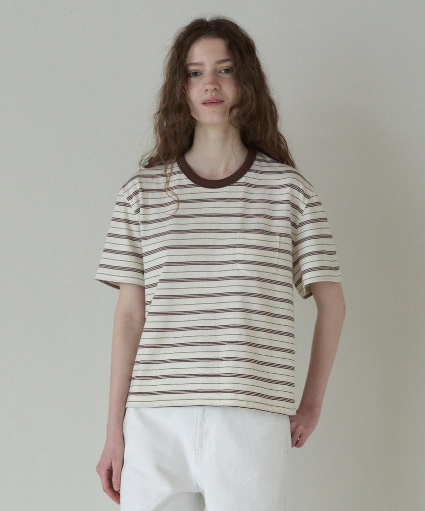 TTUDEMENT 50S Embroidered Striped Semi Over Fit T-Shirt_Brown
