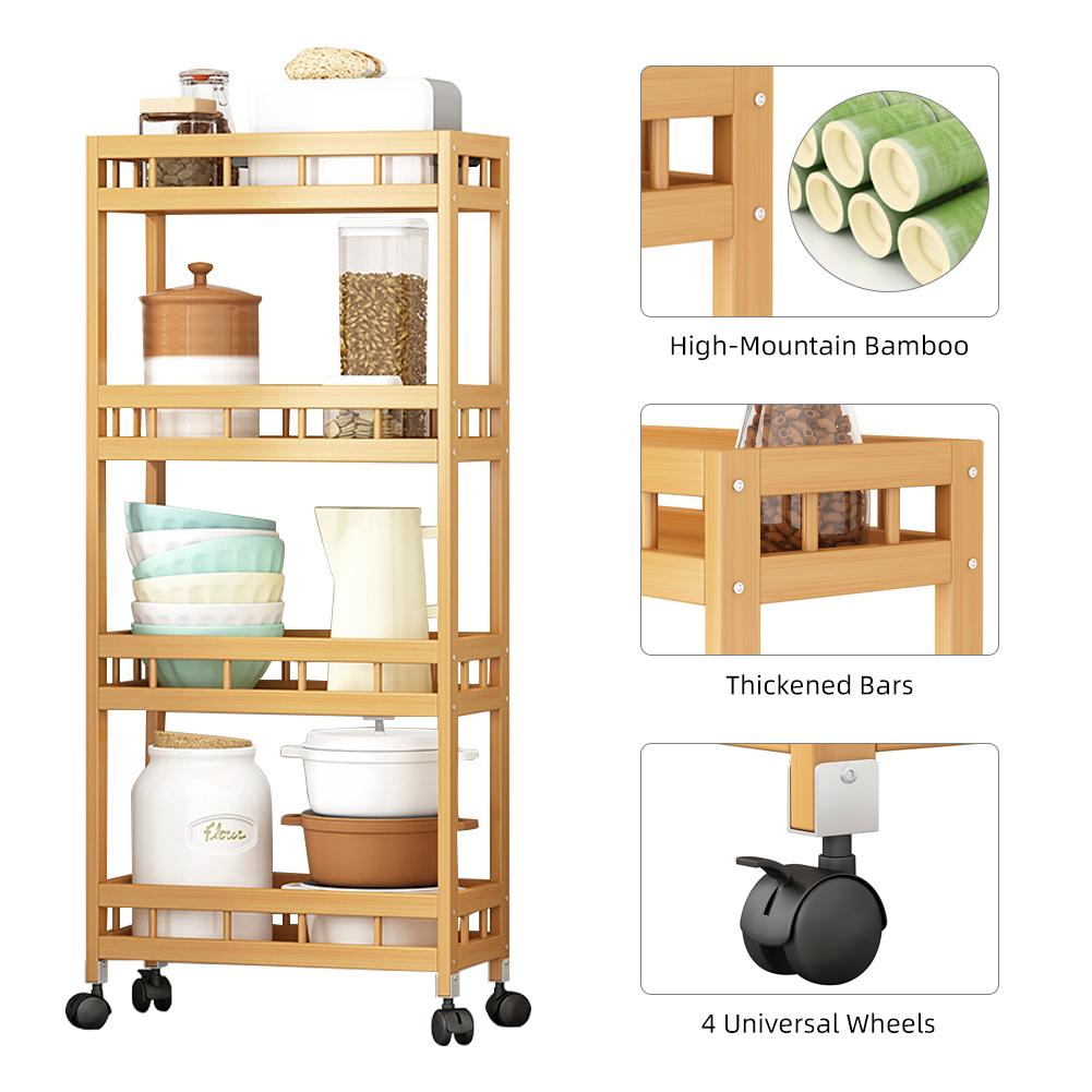 4-Tier Slim Storage Cart of High Mountain   Bamboo Kitchen   Slide-Out Mobile Storage Cart Rolling Pantry Shelf Kitchen Shelving Unit Util