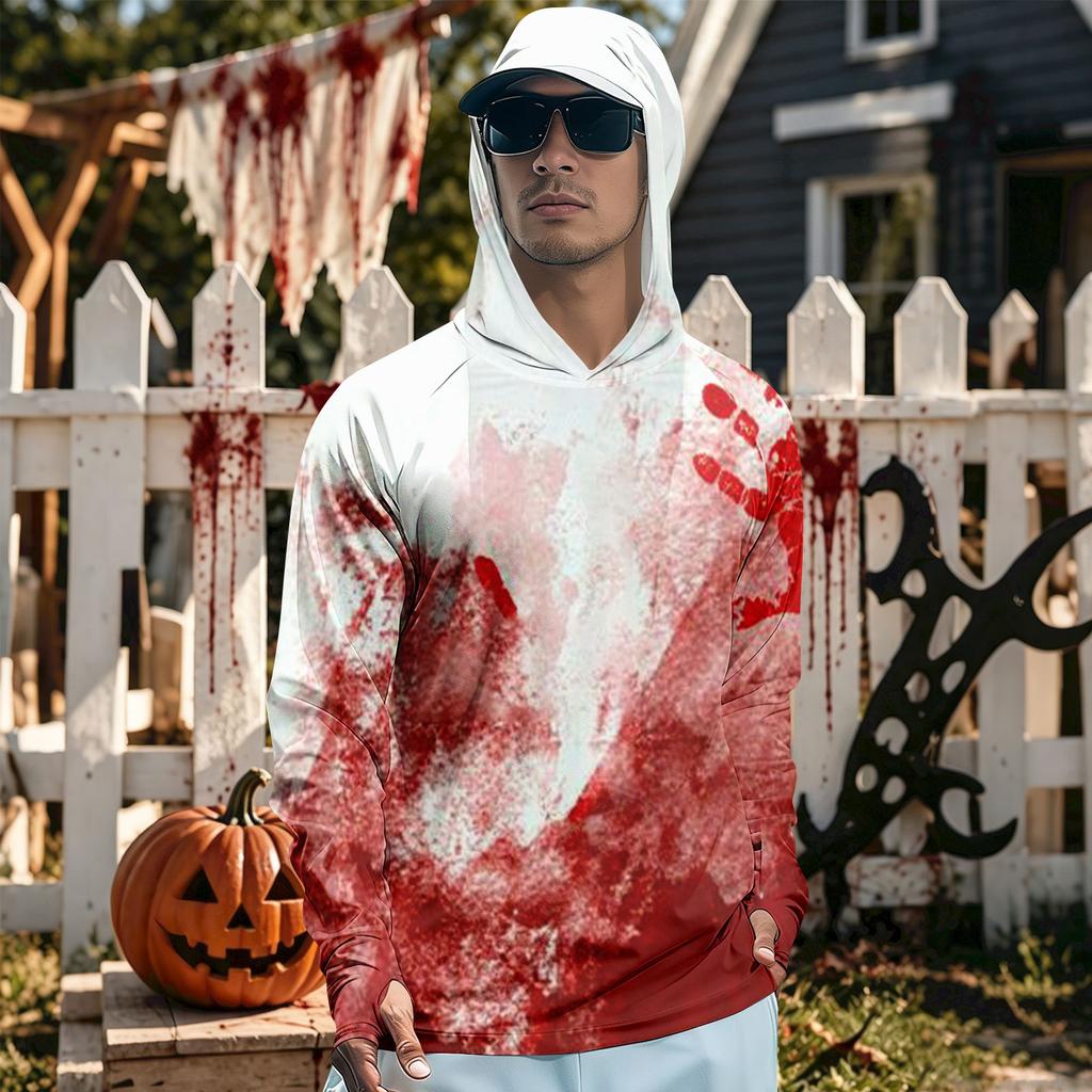 Men's Long Sleeve Hooded T-Shirt Quick Dry Sun Halloween Print for Fishing Gym Outdoor