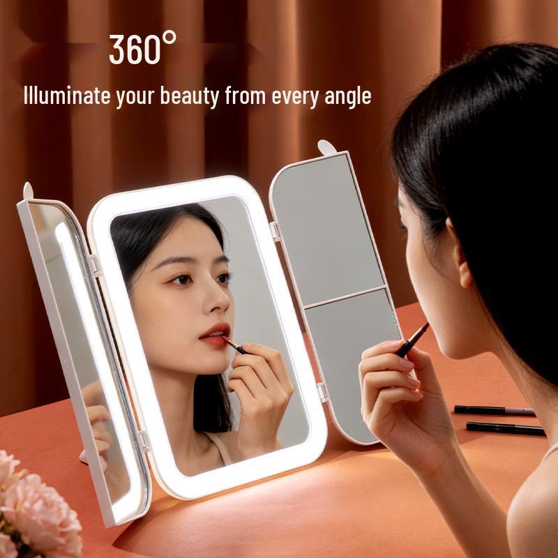 LED-Lit, Double-Sided, Triple-Fold Makeup Mirror with Rotating Desktop Stand and Three-Color Dimming for Girls