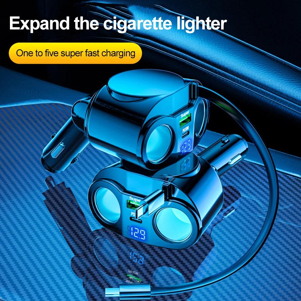 USB Car Charger Adapter with Retractable Cable Dual Cigarette Lighter Splitter Digital LCD Display Voltmeter Car Charger Adapter