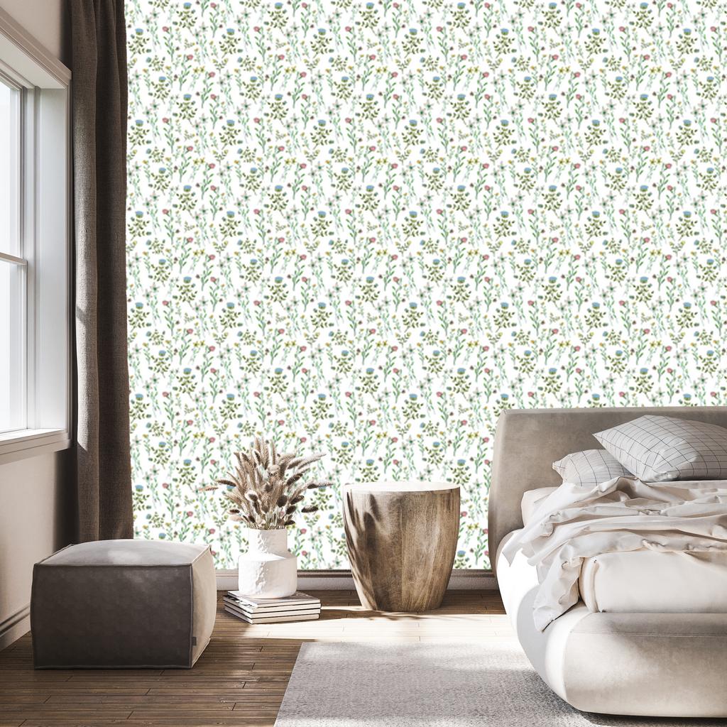 Wild Flowers Wallpaper White, Light Gray and Lime 50x1000