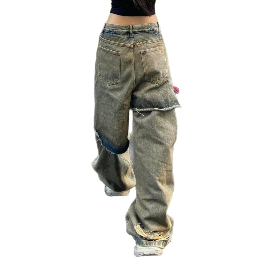American retro large size washed and old two-piece jeans women's street design loose straight drop trousers tide
