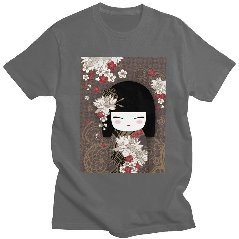 Custom Kokeshi Doll Cherry Blossoms T Shirts Men 100 Cotton Tee Tops Japanese Kimono Geisha Girl Tshirts Tshirt