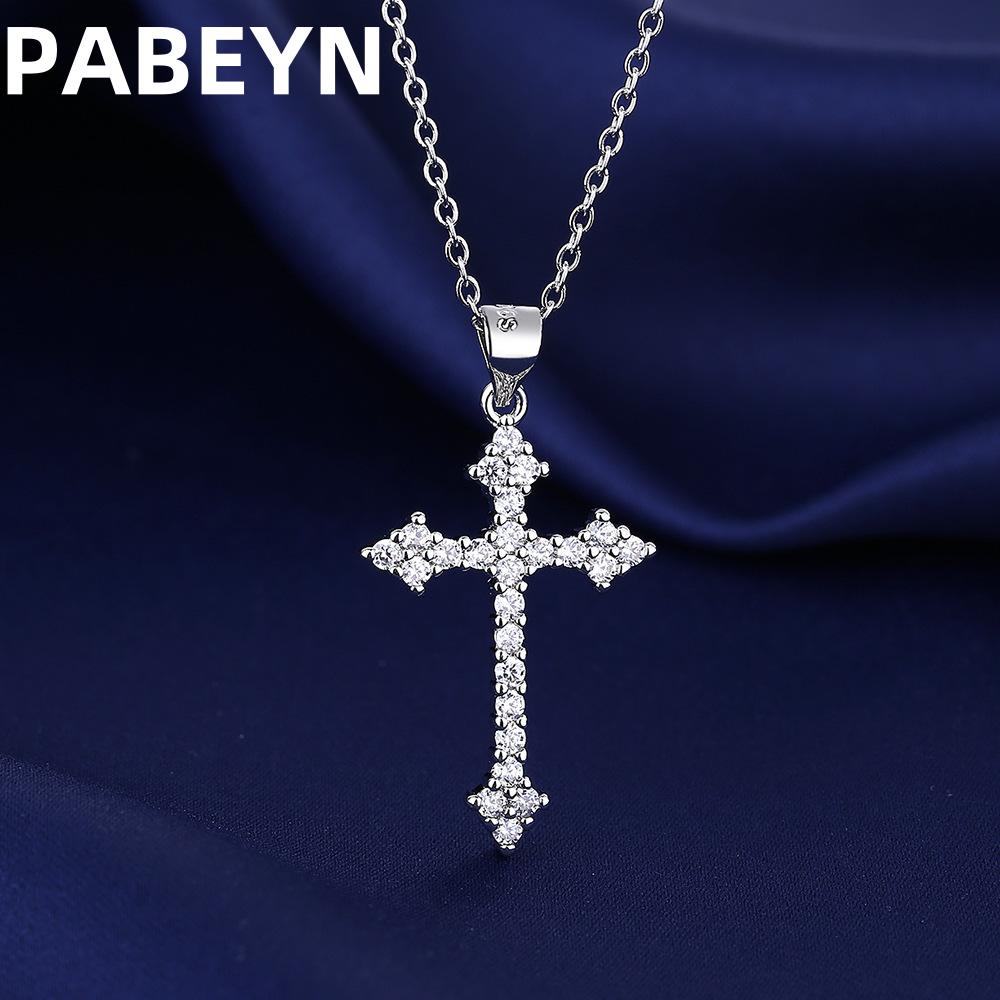 925 Sterling Silver Cross Pendant Necklace Inlaid With AAAAA Zircon, Unisex Fashion Hip-Hop Sterling Silver Chain Jewelry серебряный