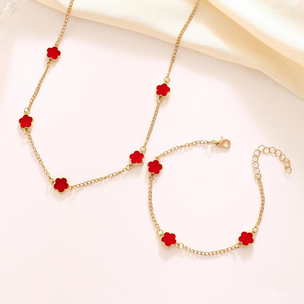 Lucky Five-Petal Flower & Clover Jewelry Necklace and Bracelet Set