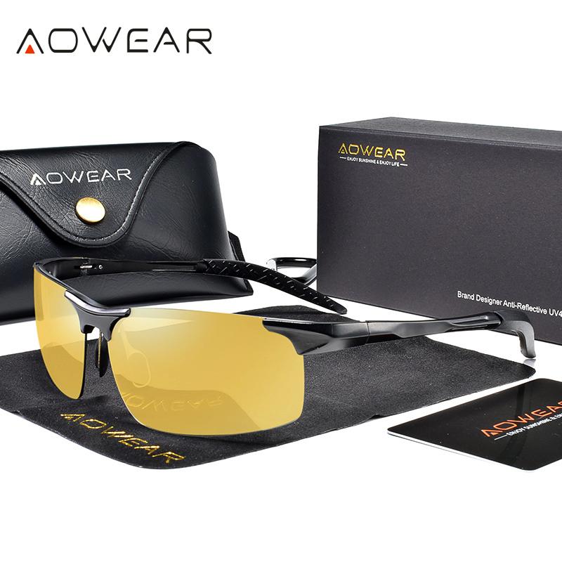 AOWEAR Erkek Polarize Gece Görüş Gözlükleri Gece Sürüşü İçin Çerçevesiz Alüminyum Sarı Güneş Gözlüğü Gece Sürücüsü Parlama Önleyici Gözlük