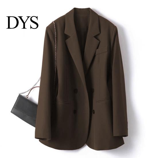 Versatile Women Jacket Suit Coat Lapel Long Sleeve Double Breasted with Pockets Solid Color Loose Fit Office Lady Workwear