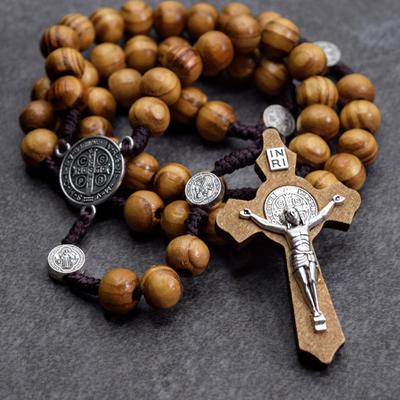 Collana Rosario in legno, S. Collana con croce con medaglie di Benedetto, rosari cattolici fatti a mano, rosario di Terra Santa, regalo cattolico