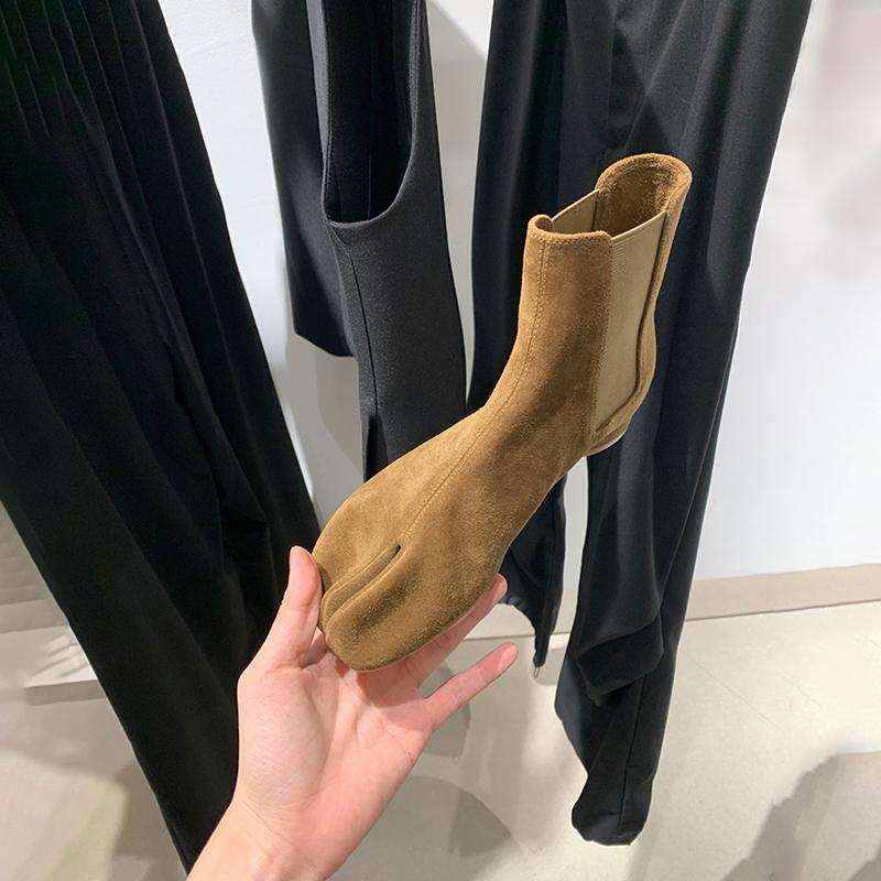 Leisure Tabi Split-toe Women Boots Dark Brown Suede Leather Slip On Flat Heels Booties Botas Feminina Shoes Woman Ankle Boots