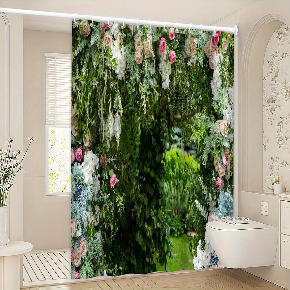 Romantischer Floralbogen Duschvorhang - Üppiges Grün & Bunte Blumen, Wasserdichte Heimdeko Verleiht Ihrem Badezimmer Natürliche Schönheit