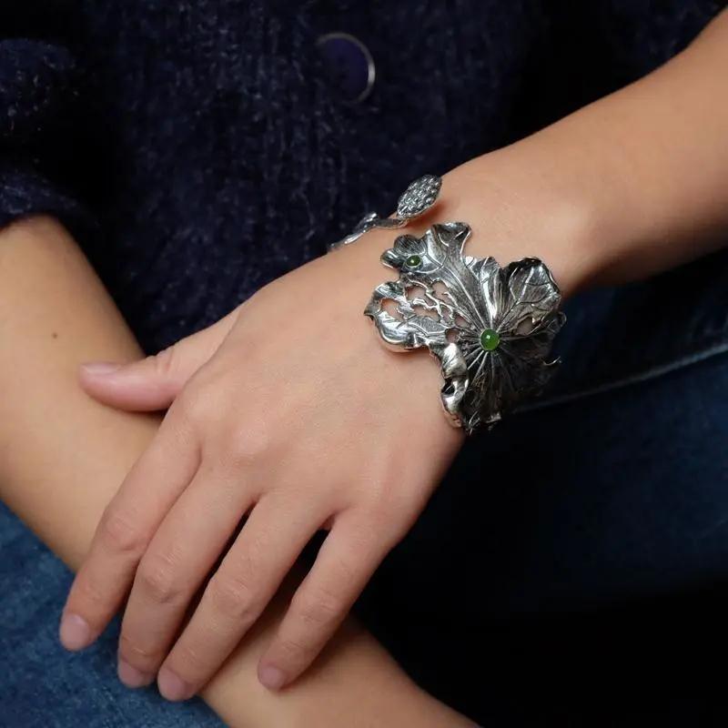 Ancient Gold Craftsmanship Lotus Vinesbracelet For Women Hollow Out Exquisite Personality Ethnic Style Charm  Jewelry