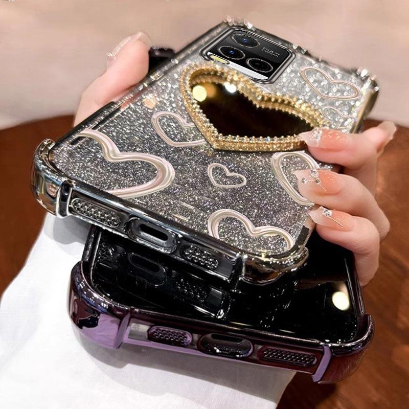 Airbag Wrist Strap Glitter Love Heart Mirror Phone Case For Vivo Y21 Y21S Y21T Y22 Y22T Y27 Y27S Y33S 2021 2022 2023 4G 5G Cover
