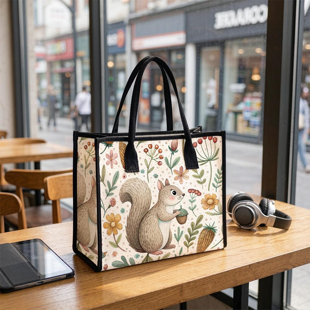 Cute Squirrel Floral Print Casual Tote Bag Lightweight Reusable Daily Shopping Shoulder Handbag For Women Outdoor Use