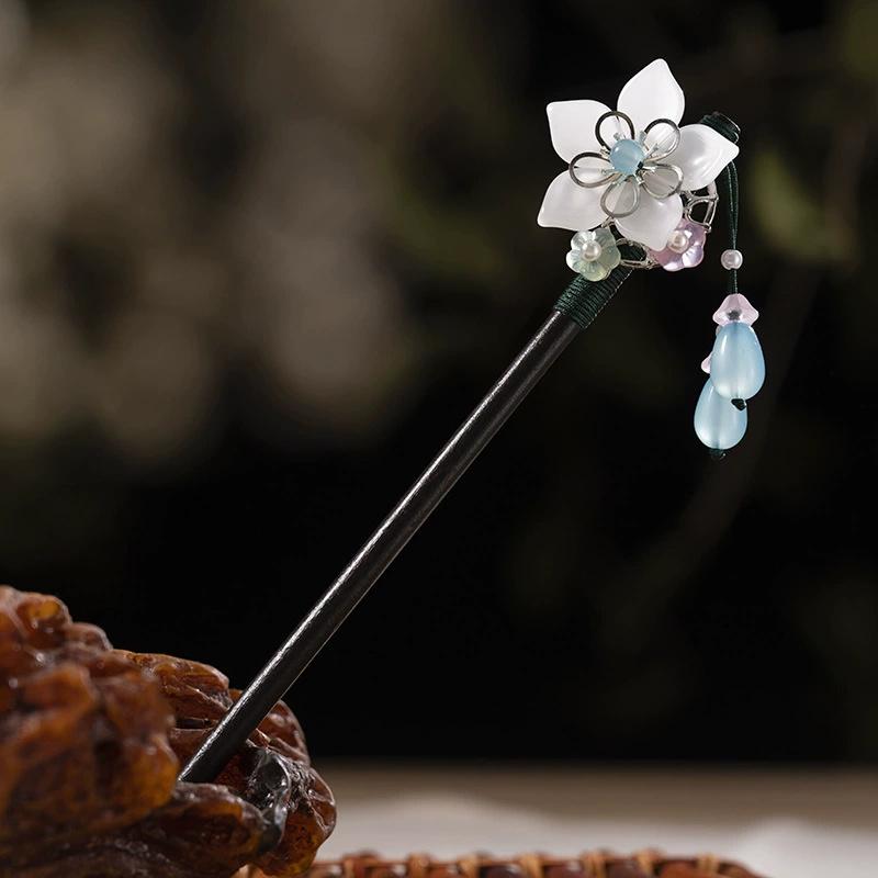 1Pc Wooden Hairpin Headwear for Women'S Chinese Flower Tassel Hair Sticks Headdress Elegant Hair Styling Accessories Gifts