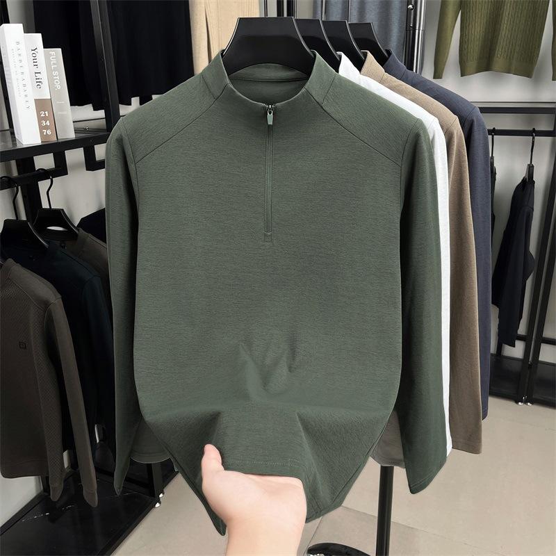 New semi-zipper stand-up collar sports long-sleeved t-shirt men's spring and autumn outdoor bottoming shirt solid color pullover casual top