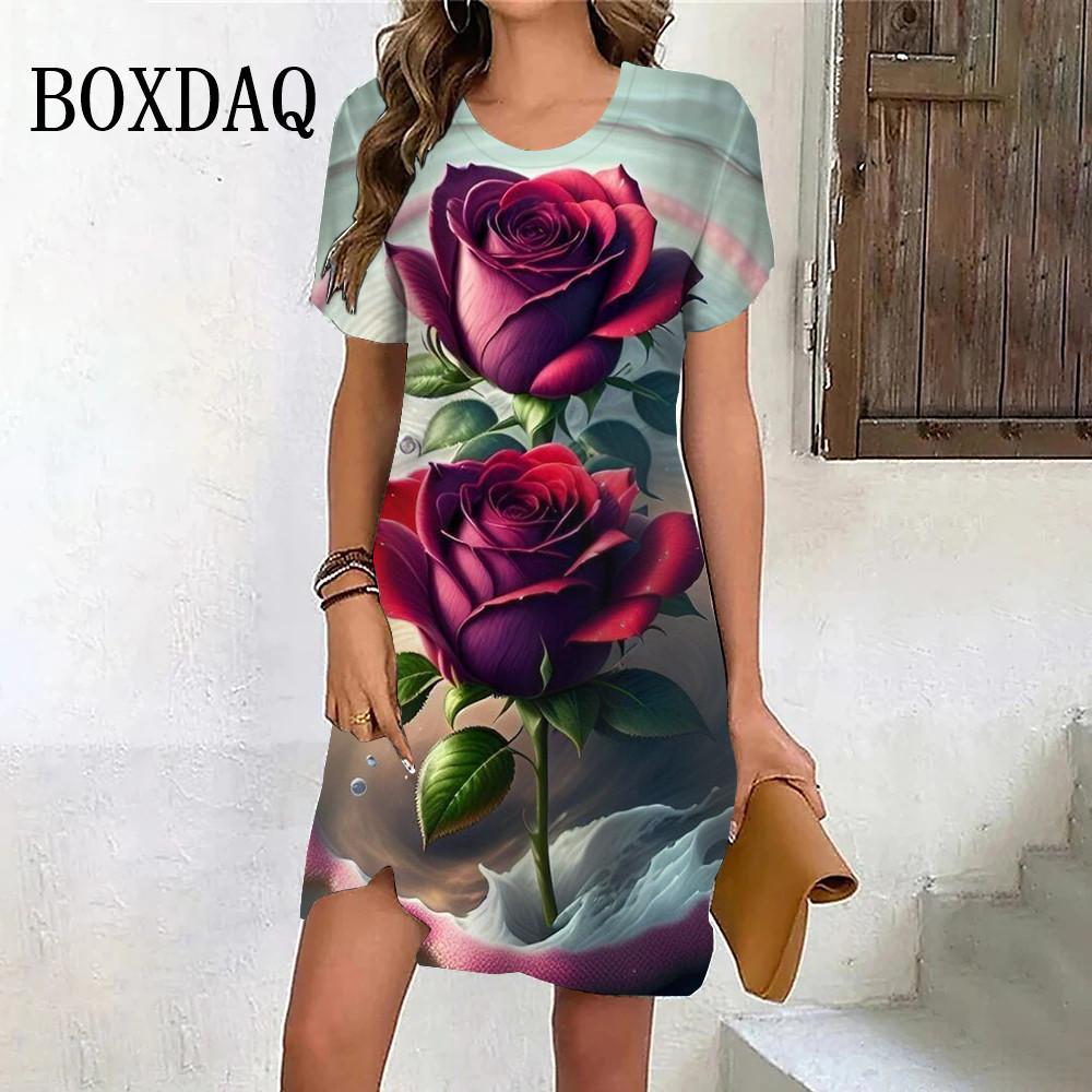 Nowe Letnie Sukienki na Imprezę Plażową Dla Kobiet Vintage Tie Dye Czerwony Różowy Kwiatowy Wzór Sukienka Krótki Rękaw Pulower Luźna Duży Rozmiar Sukienka