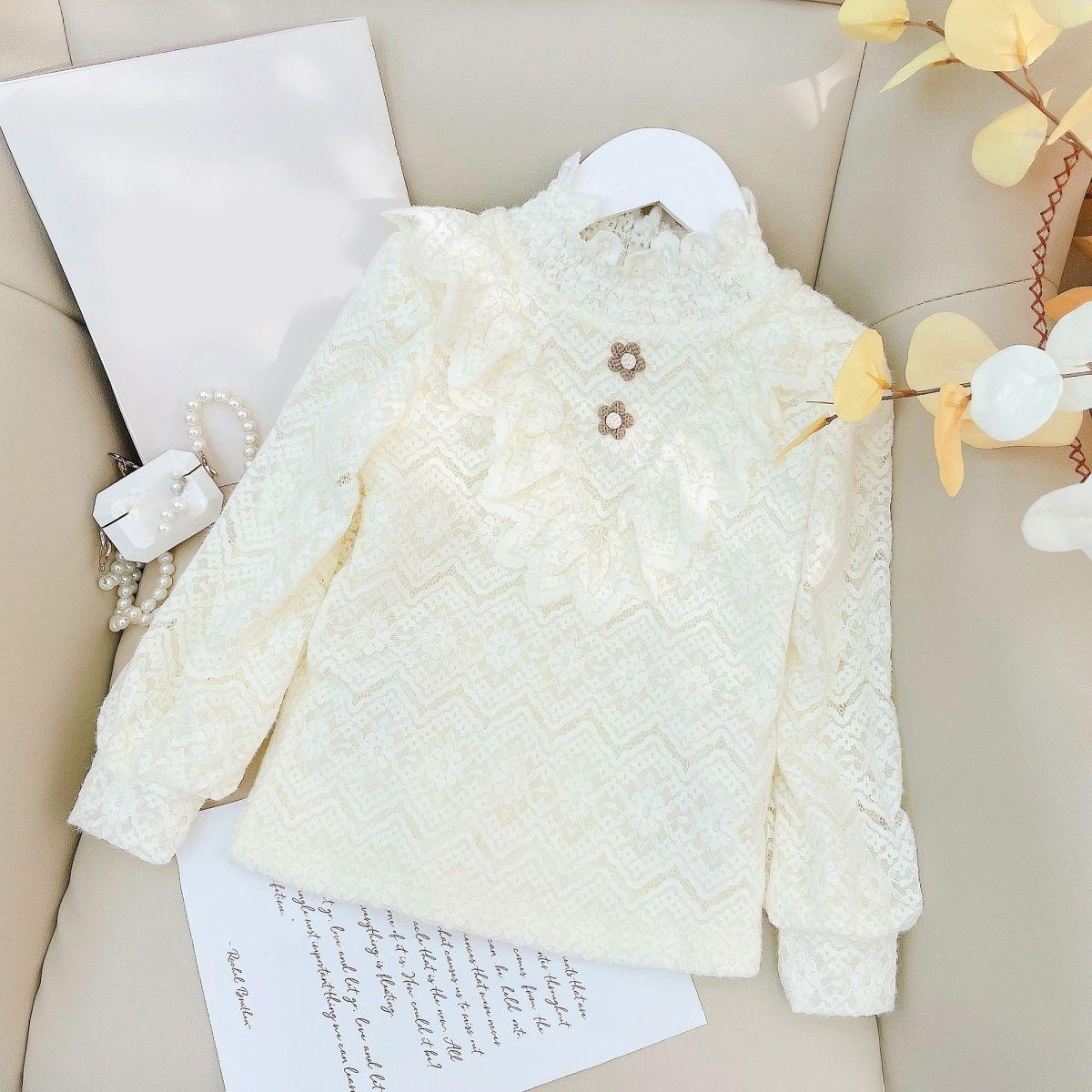 

Утепленная рубашка для девочек-подростков, осенне-зимняя новая детская одежда, белый кружевной топ, теплый пуловер принцессы в Корейском стиле 160