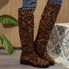 Women's Wide Width Knee High Boots, Leopard Print Suede Western Riding Boots, Round Toe Chunky Heel Stacked Boots for Women