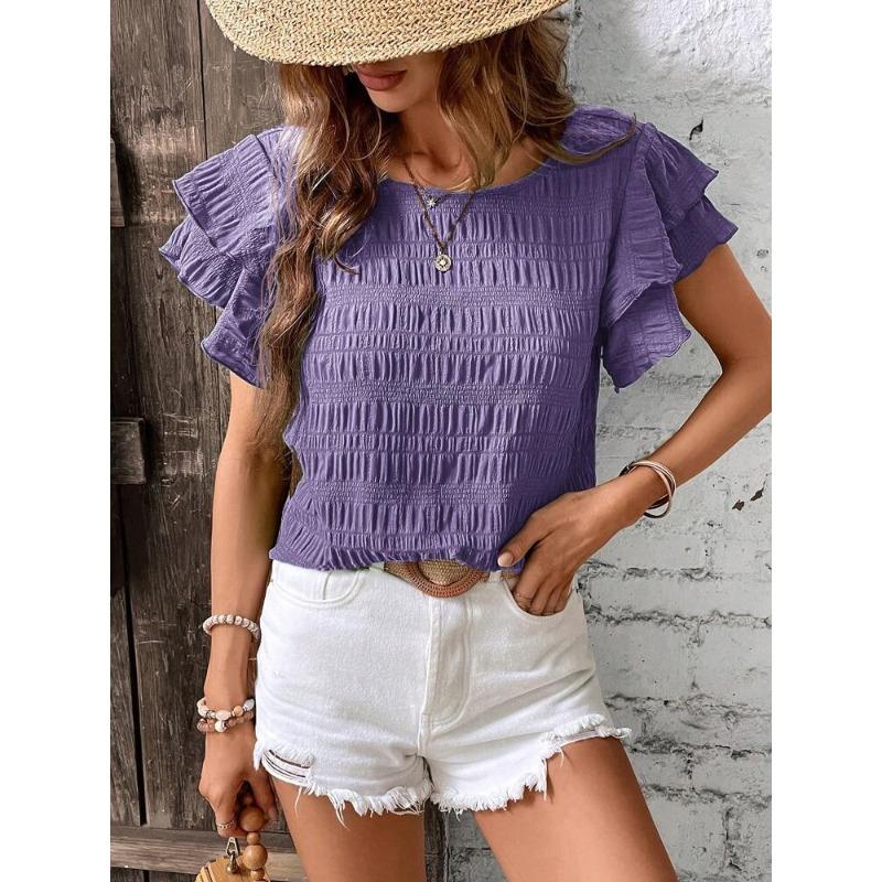 Women's Textured Ruffle Short Sleeve Blouse Summer Crew Neck Tops Dressy Casual Loose Fit Tee Shirts Beach Clothes