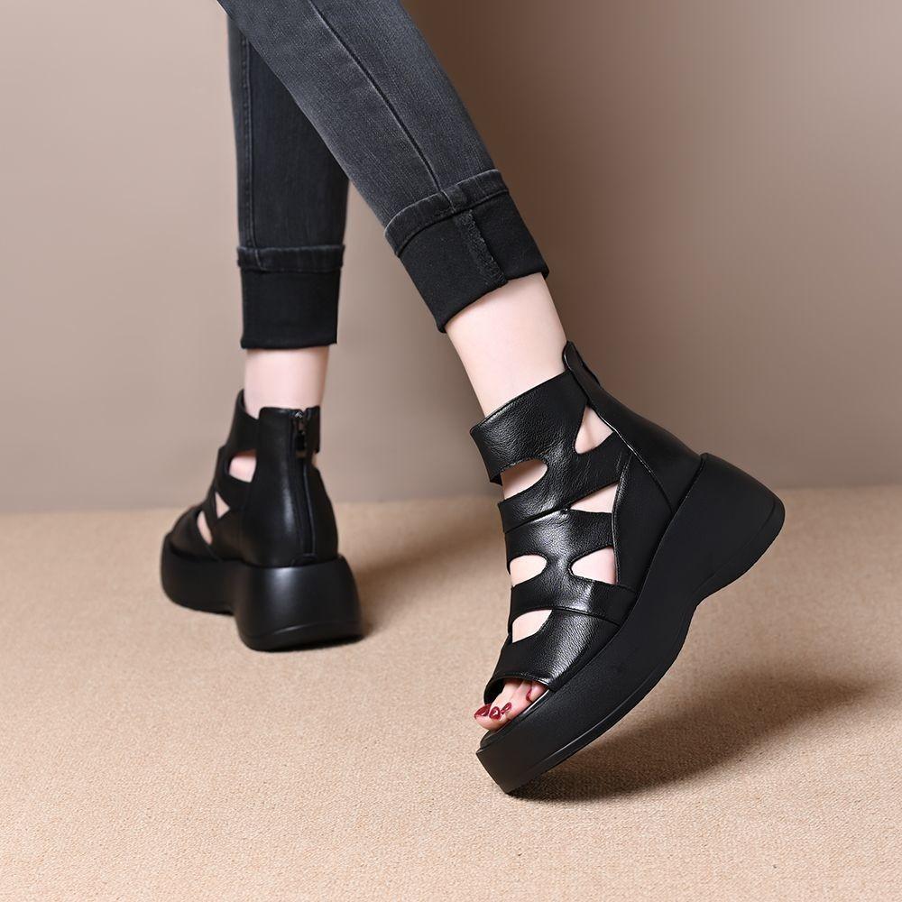 Sandals women's new summer breathable shoes versatile black high heel one-word buckle with platform muffin wedge heel shoes