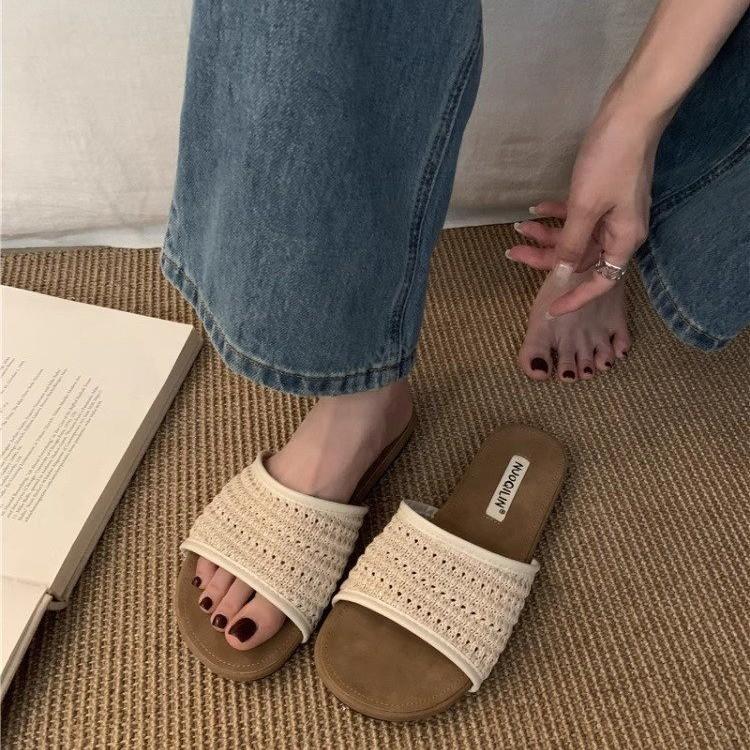 French holiday woven niche cool slippers women's 2025 spring and summer outer wear season with skirts, evening breeze platform Boken shoes