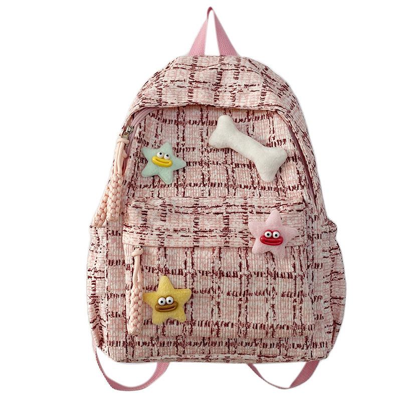 Japanese Style Literary And Artistic Small Fresh Plaid Schoolbag, High School Student Campus Backpack Female Corduroy Backpack Female