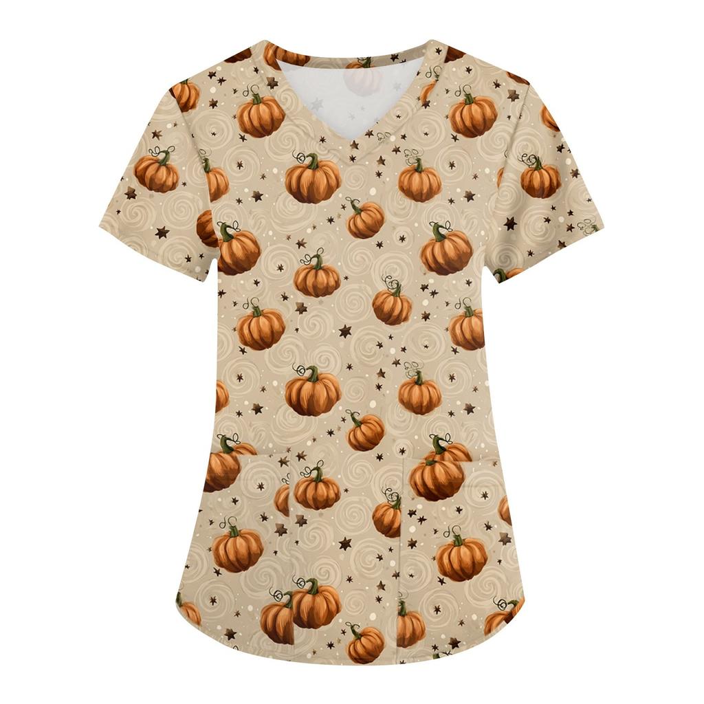 Women's Printing Uniform Work Uniform V-neck Pockets Basic Short Sleeve Pullover Top