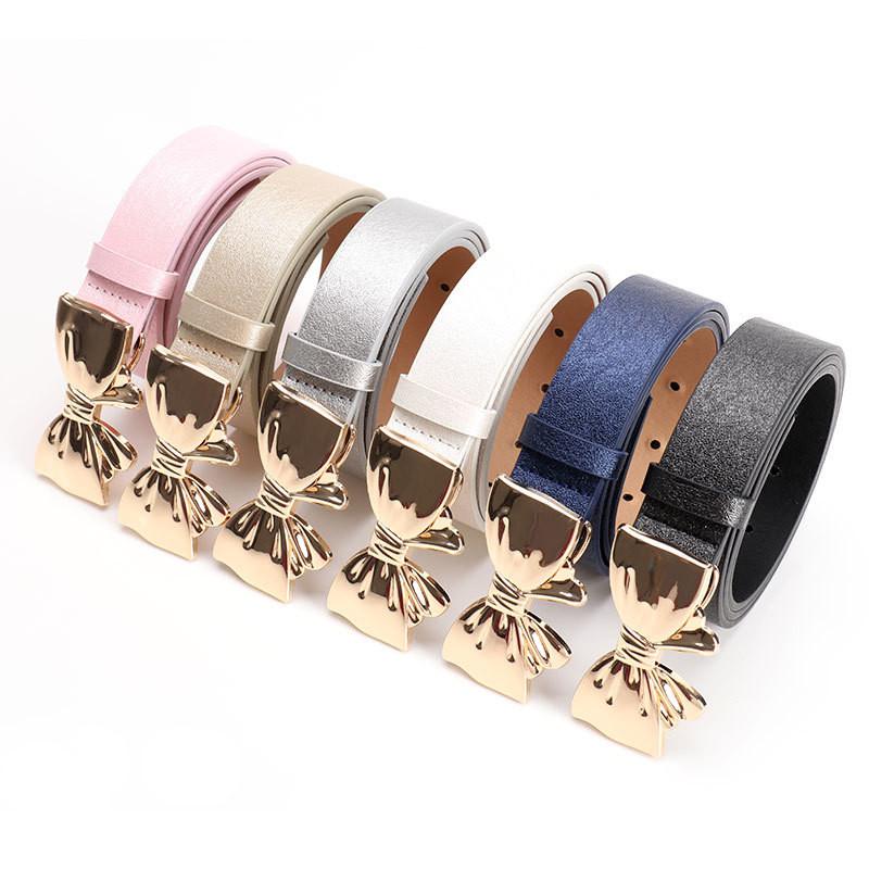 Metal Bow Knot Pu Leather Waist Belt Solid Color Waistband Women Gift Fashion