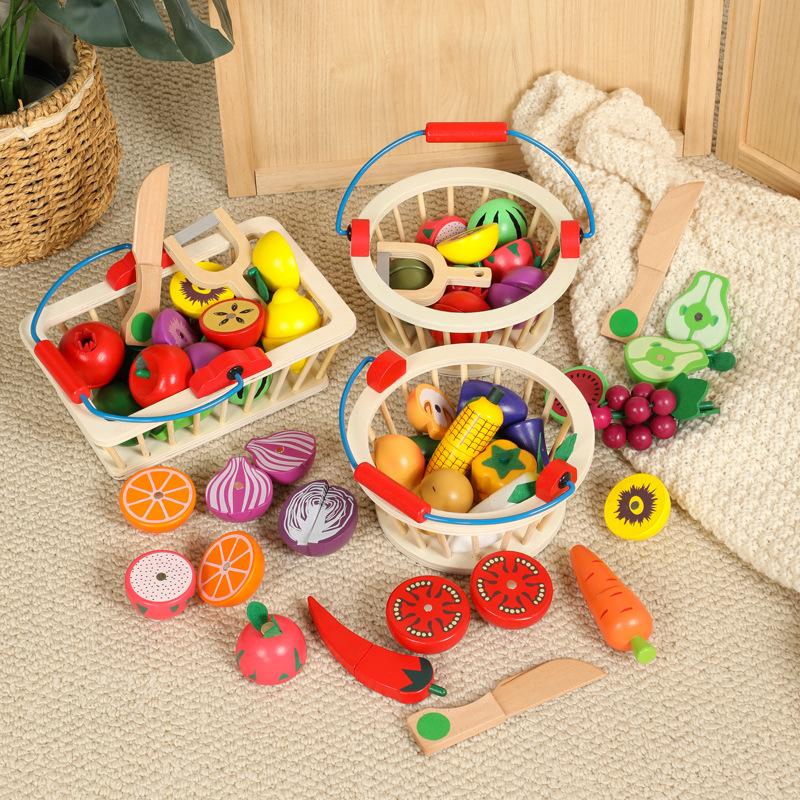 Verdura e Frutta di Legno per Bambini, Taglio Simulato, Cesto di Verdura e Frutta, Set Gioco Casa Cucina, Giocattoli Educativi per Bambini