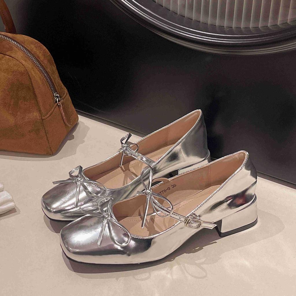 Temperament Round Head Bow Word with Mary Jane Shoes Women's 2025 Spring Light Mouth Thick Heel Single Shoes Silver Small Leather Shoes