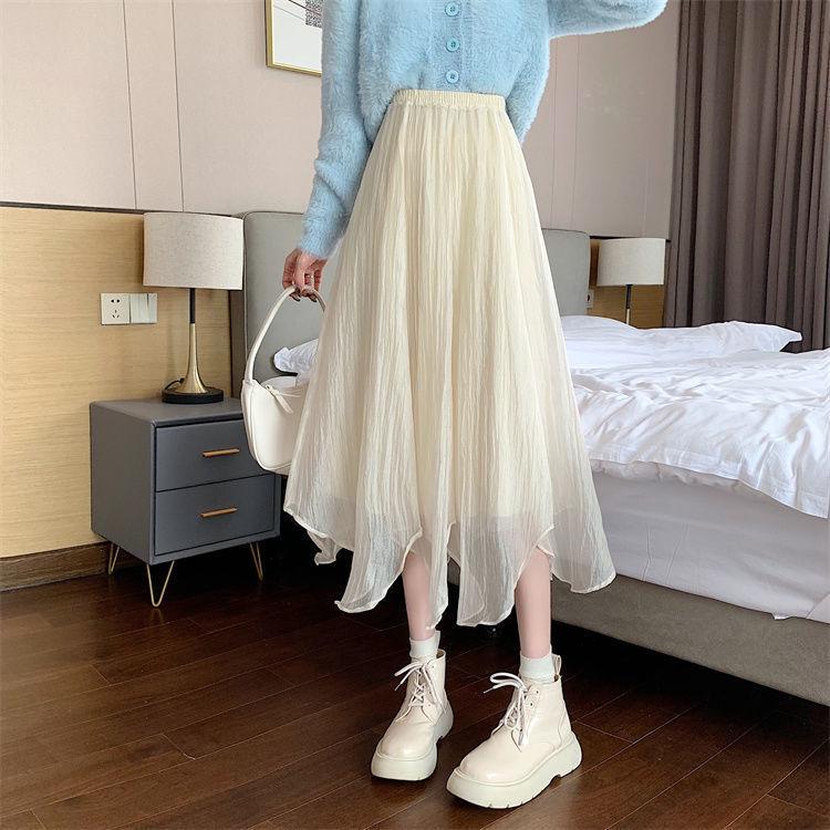 Asymmetric Mesh Fairy Midi Skirt for Women - High-Waist Slim-Fit A-Line Half Skirt